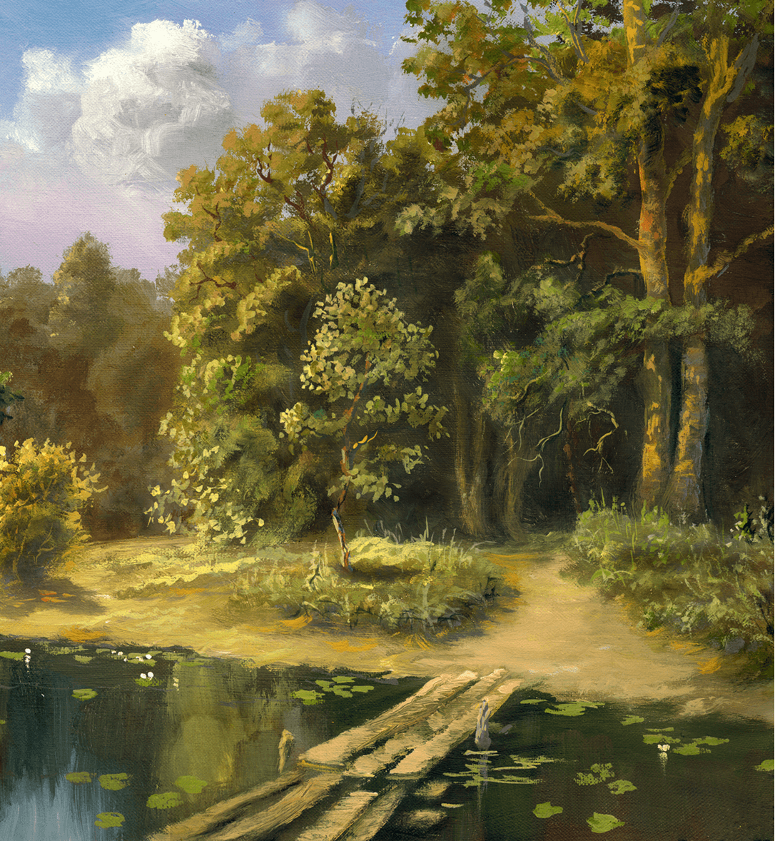 Forest path with wooden bridge