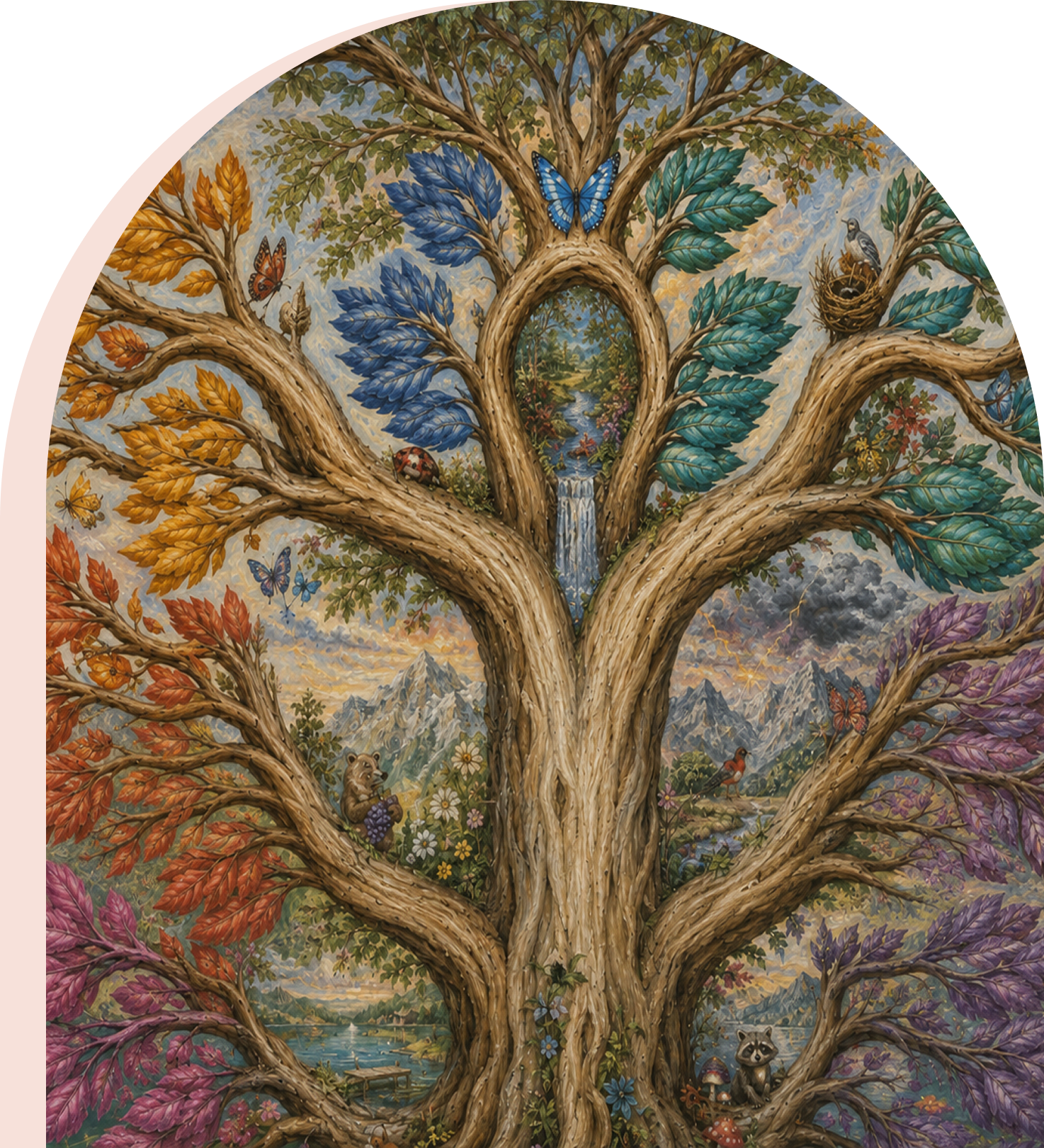 Enchanted multicolored tree with waterfall and animals